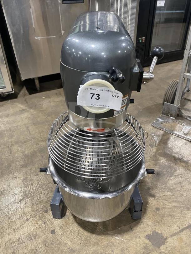 Avantco MX20 commercial planetary mixer with stainless steel bowl and wire whip. Model MX20, serial 22013414-MX20, 120V.