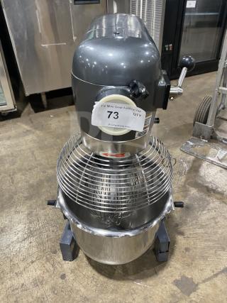 Avantco MX20 commercial planetary mixer with stainless steel bowl and wire whip. Model MX20, serial 22013414-MX20, 120V.
