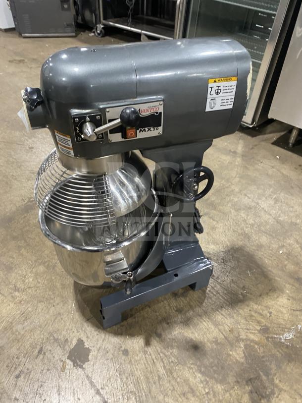 Avantco MX20 20Qt commercial floor mixer with stainless steel mixing bowl and wire whip, electric, 120V, SN: 22013414-MX20.