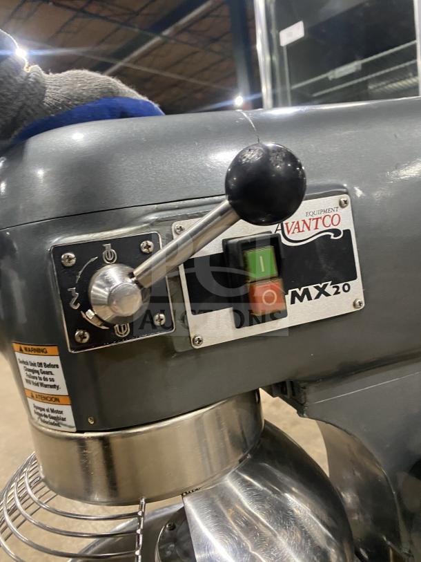 Avantco MX20 commercial planetary floor mixer with stainless steel bowl, wire whip, and controls. Model: MX20, 120V. Serial: 22013414-MX20.