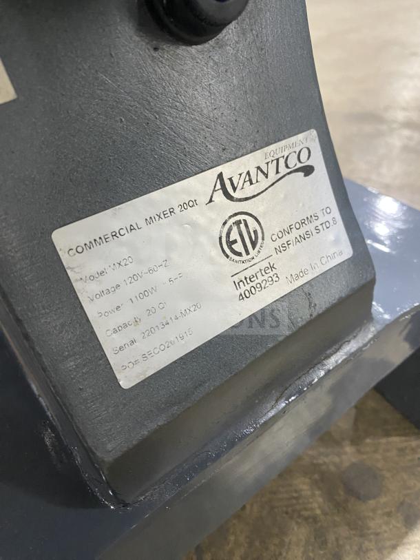 Avantco MX20 20Qt commercial mixer label showing model, voltage, power, and serial number.