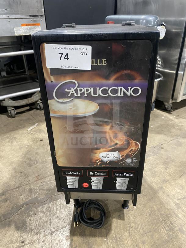 Bunn FMD DBC-3 countertop hot beverage dispenser with single hopper, offers cappuccino, espresso, hot chocolate options, on legs.