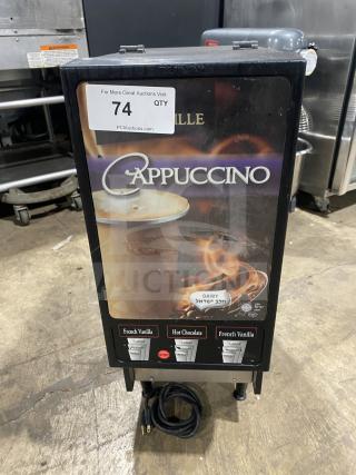 Bunn FMD DBC-3 countertop hot beverage dispenser with single hopper, offers cappuccino, espresso, hot chocolate options, on legs.