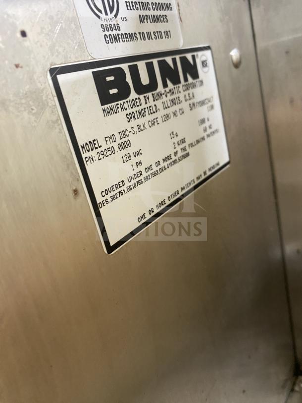 Bunn FMD DBC-3 dispenser machine tag, showing model and specs: 120V, 1 phase. Perfect for cappuccino, espresso, hot chocolate.