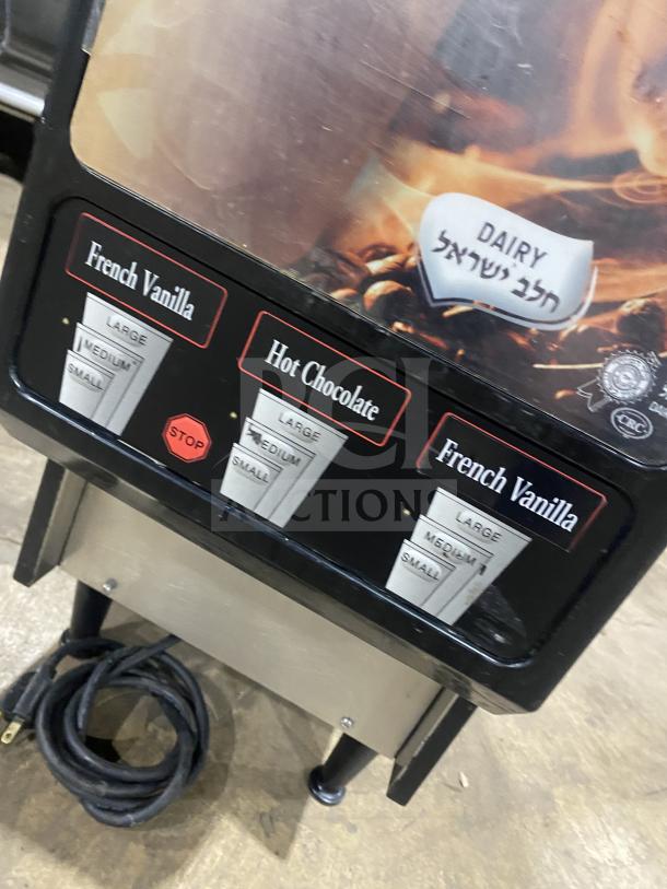 Bunn FMD DBC-3 commercial dispenser machine with single hopper for cappuccino, espresso, hot chocolate. 120V, 1 phase, on legs.