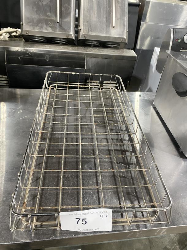 Stainless steel wire basket for bagel wraps, commercial quality, sturdy design, with auction label "75".