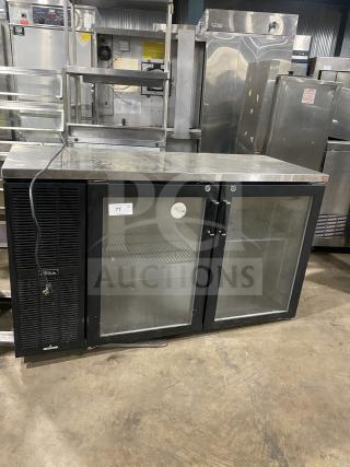Perlick BS2DP commercial stainless steel countertop back bar refrigerator with double glass doors, black finish, and shelf rack.