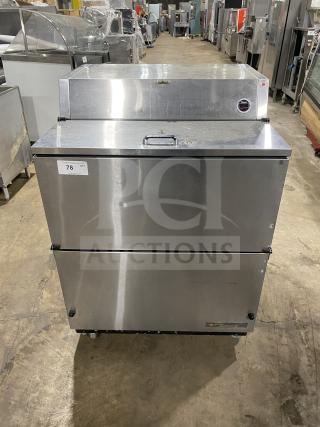 True Commercial Stainless Steel Single-Sided Mobile Milk Cooler, Model TMCX-34-S, 115V, in good condition.