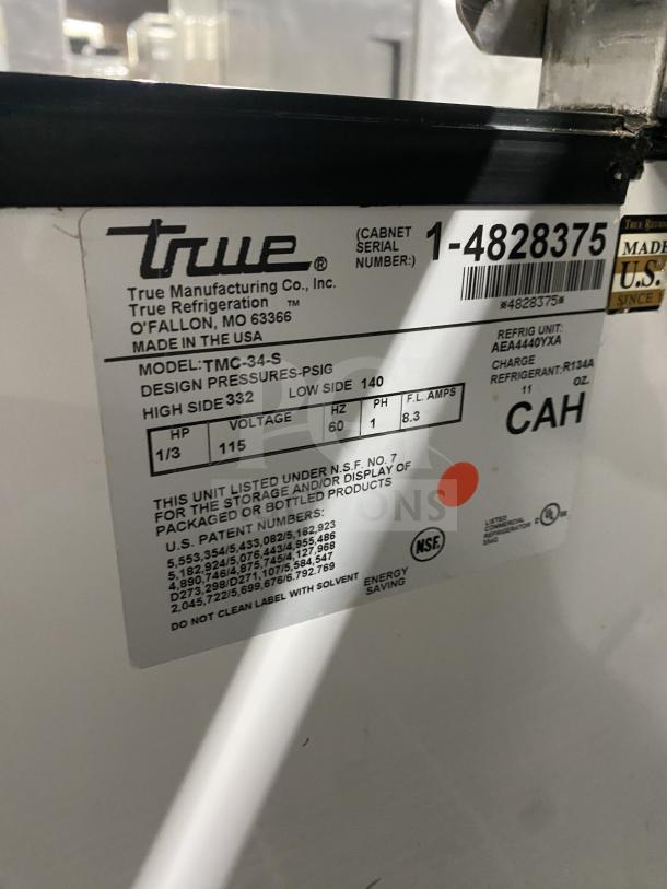 True Commercial Stainless Steel Electric Single Sided Mobile Milk Cooler, Model TMCX-34-S, SN: 1-4828375, 115V, 1 Phase.