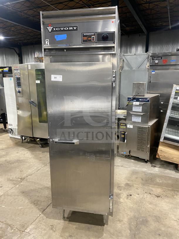 Victory Series stainless steel single door reach-in refrigerator, model RSA1D87, on legs, with energy saver features.