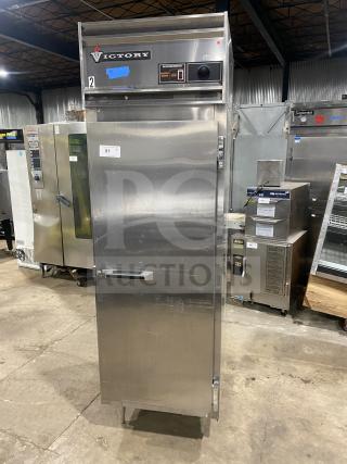 Victory Series stainless steel single door reach-in refrigerator, model RSA1D87, on legs, with energy saver features.