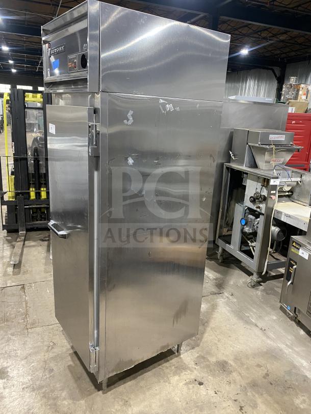 Victory RSA-1D-87 stainless steel single door reach-in refrigerator, energy saver, on legs, commercial use, shows signs of wear.