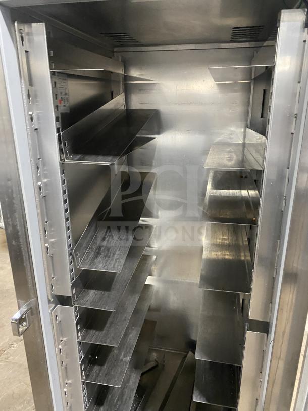 Victory RSA-1D-87 stainless steel single door refrigerator with wide pan slides, serial G0976829, 115V, 1 phase, on legs.