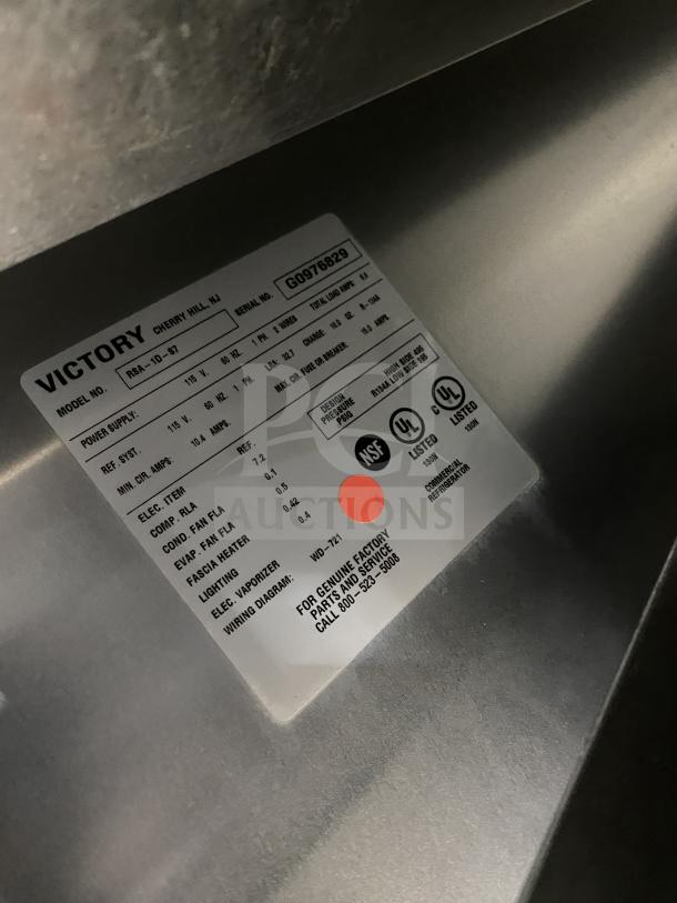 Victory RSA1D87 commercial single door stainless steel refrigerator, serial G0976829, energy saver, on legs, NSF and UL listed.