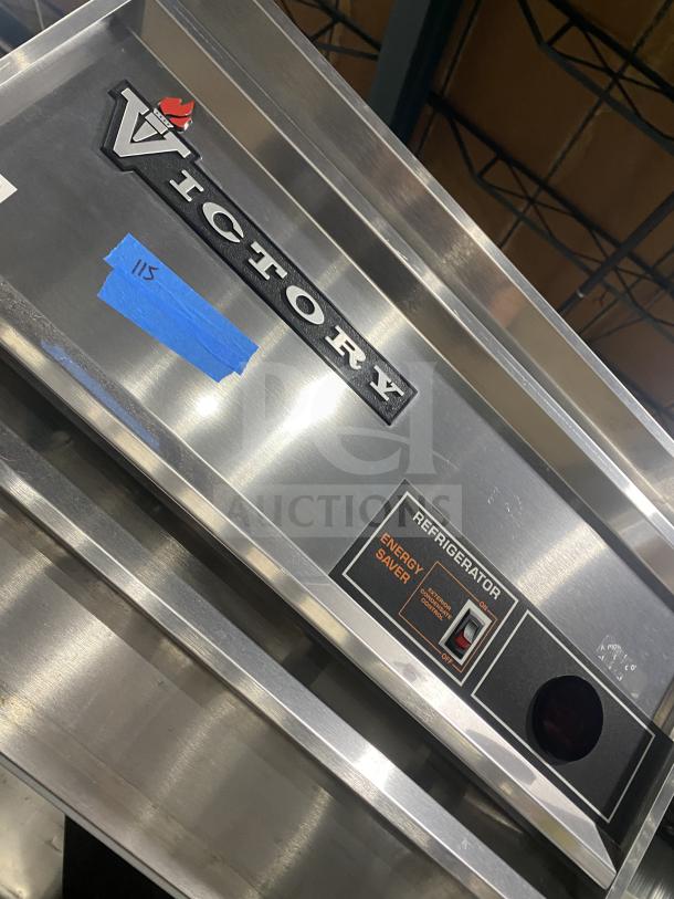 Victory Series stainless steel single door reach-in refrigerator, model RSA1D87, energy saver, SN: G0976829, 115V, on legs.