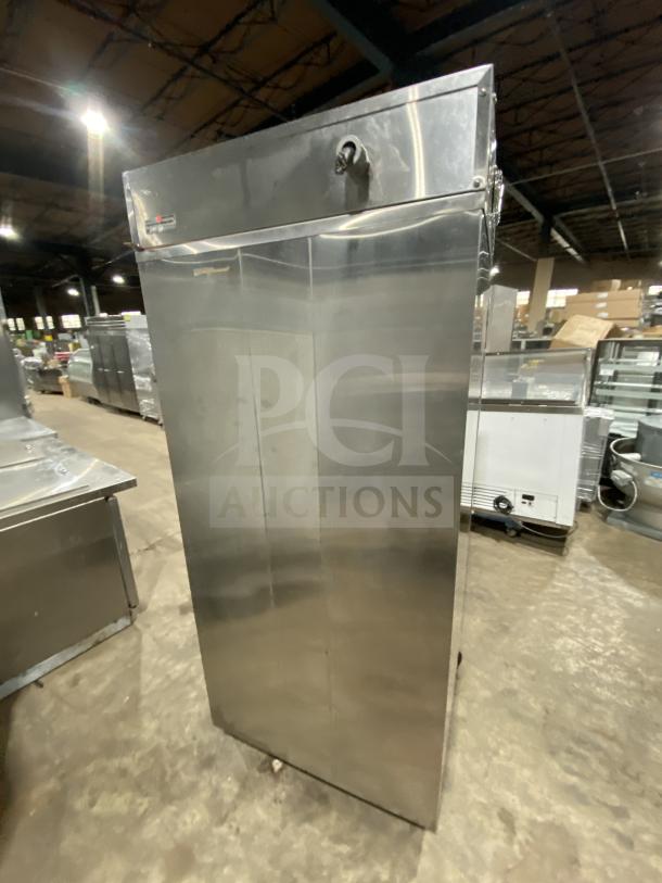 CarterHoffman stainless steel 2-door heated holding cabinet, model 270802129, on casters, with sheet pan. In good condition.