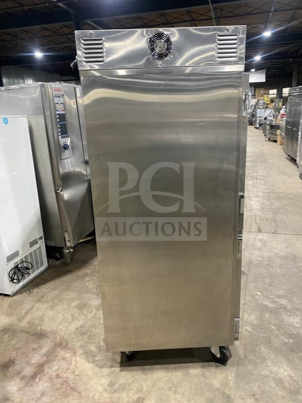 Carter-Hoffman stainless steel 2-door heated holding cabinet, model 27080-2129, on casters, 240V, used condition.