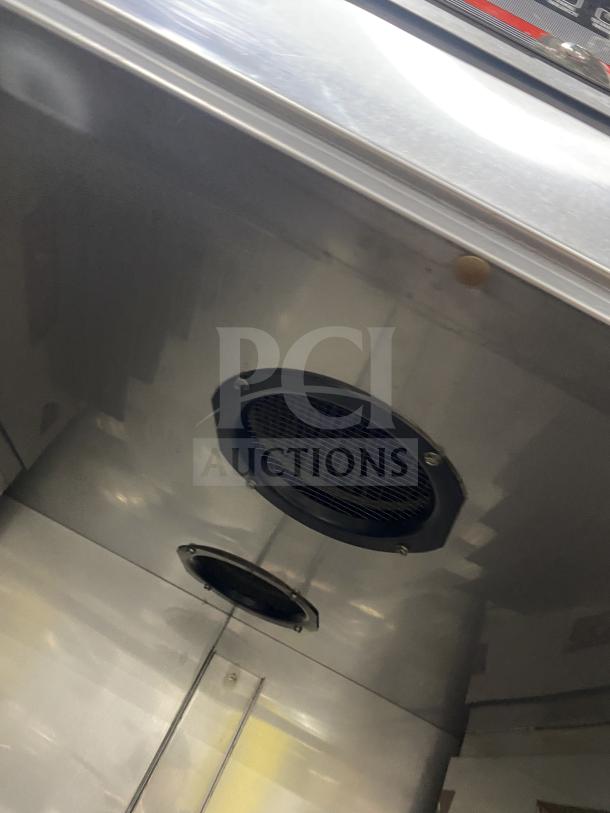 Carter-Hoffman stainless steel 2-door heated holding cabinet, Model 270802129, interior view, vents visible, on casters, 240V.