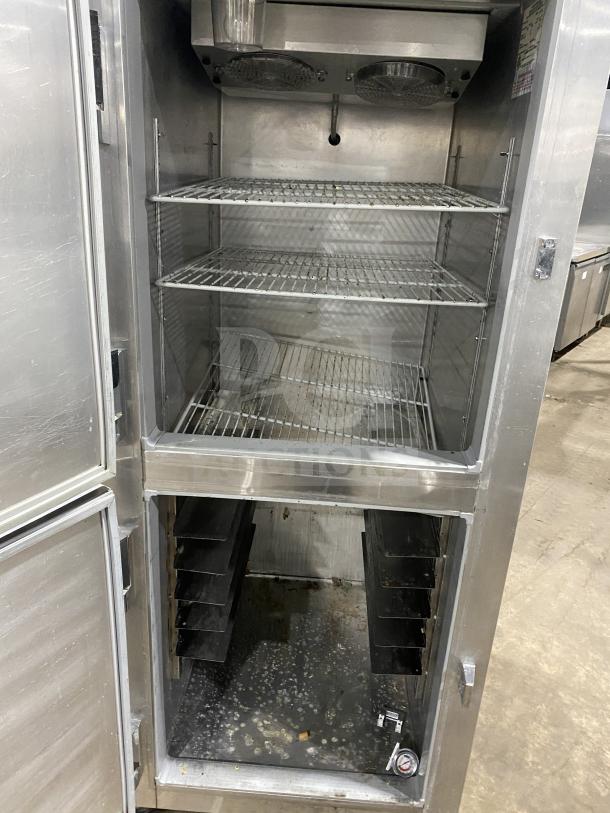 Continental 1RE-HD stainless steel 2-door Dutch-style reach-in refrigerator, includes rack and shelf, on casters. Model 1RE-HD, SN 15051798.