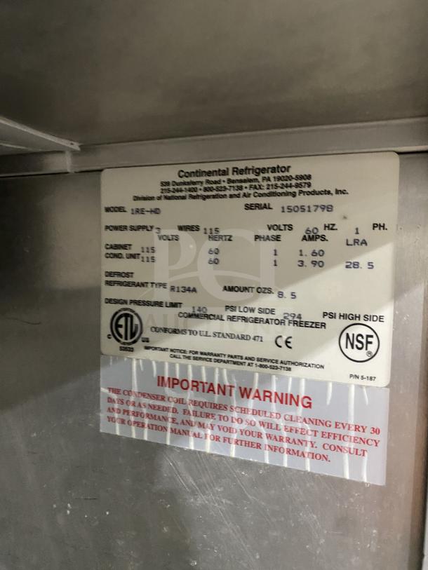 Continental Stainless Steel 2-Door Reach-In Refrigerator, Model 1REHD, Serial 15051798, 115V, on casters, with rack and shelf.