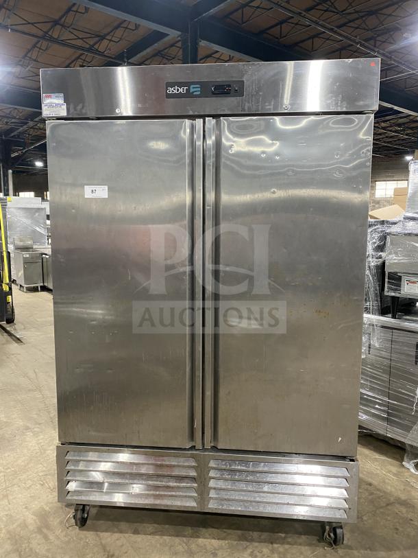Asber 2019 commercial stainless steel 2-door reach-in freezer, model ARF49HFHC, 115V, on casters, in good condition.