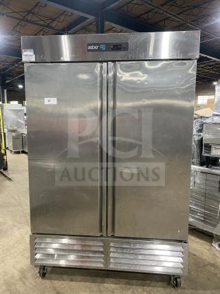 Asber 2019 commercial stainless steel 2-door reach-in freezer, model ARF49HFHC, 115V, on casters, in good condition.