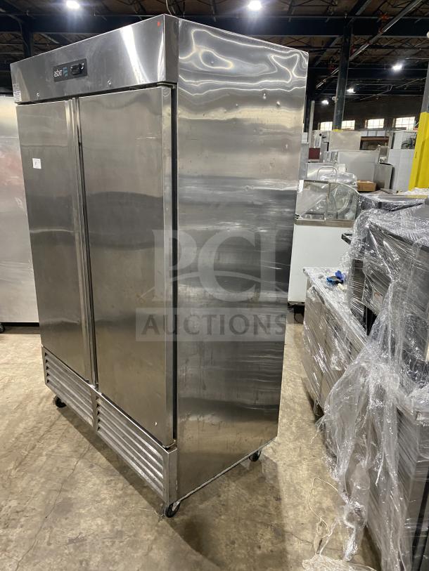 Asber 2019 commercial stainless steel 2-door reach-in freezer, model ARF49HFHC, 115V, on casters.