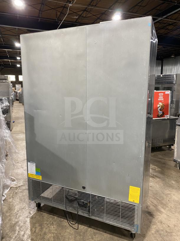 Asber 2019 stainless steel 2-door commercial freezer, model ARF49HFHC, on casters. Tags show 115V, 1 phase.
