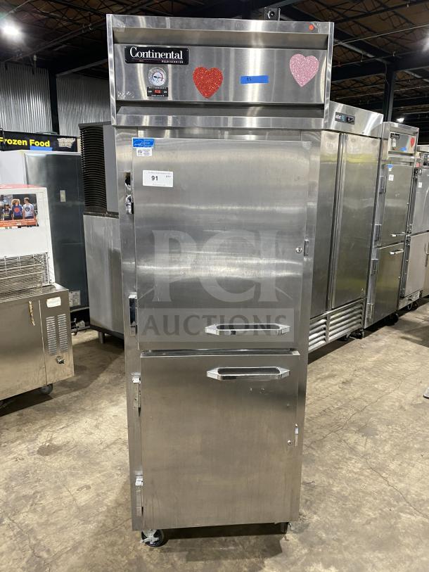 Continental 1RE-PT-HD stainless steel 2-door reach-in refrigerator with rack, shelf, and casters. Model: 1RE-PT-HD, SN: 15051799.