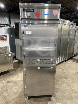 Continental 1RE-PT-HD stainless steel 2-door reach-in refrigerator with rack, shelf, and casters. Model: 1RE-PT-HD, SN: 15051799.