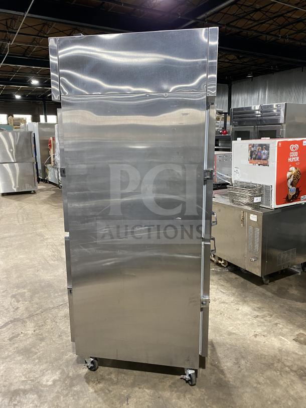 Continental 1RE-PT-HD stainless steel 2-door reach-in refrigerator, Dutch style, on casters, with rack & shelf, 115V.