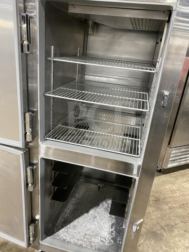 Continental 1RE-PT-HD stainless steel 2-door reach-in refrigerator, Dutch style, with rack and shelf, on casters, good condition.