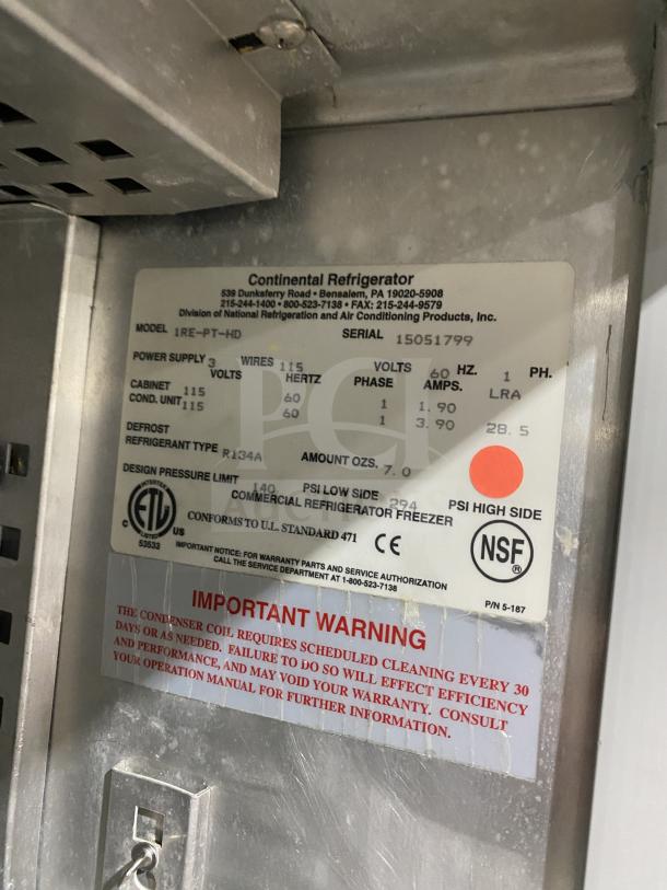 Continental stainless steel 2-door reach-in refrigerator, model 1RE-PT-HD, SN: 15051799, 115V, on casters, NSF certified.