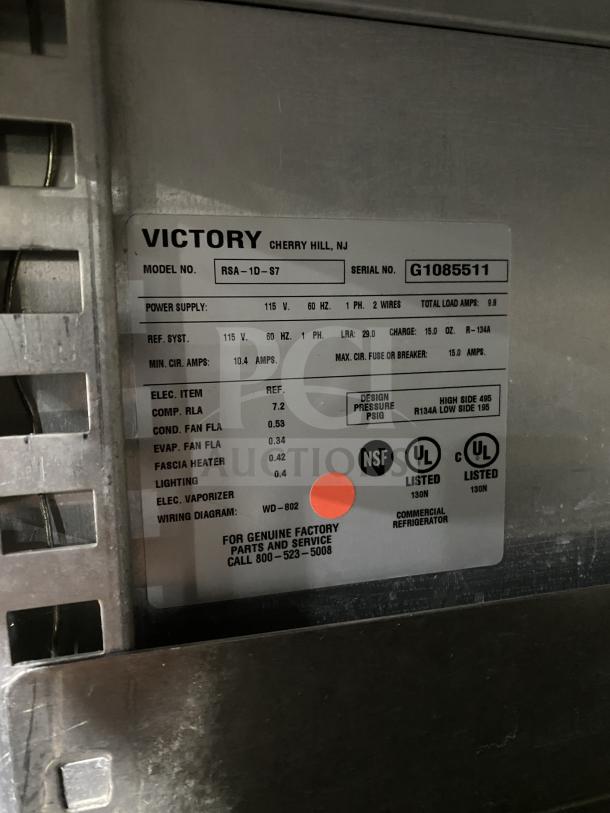 Victory RSA-1D-S7 commercial stainless steel single door refrigerator. Serial G1085511, 115V, 1 Phase. NSF and UL listed.