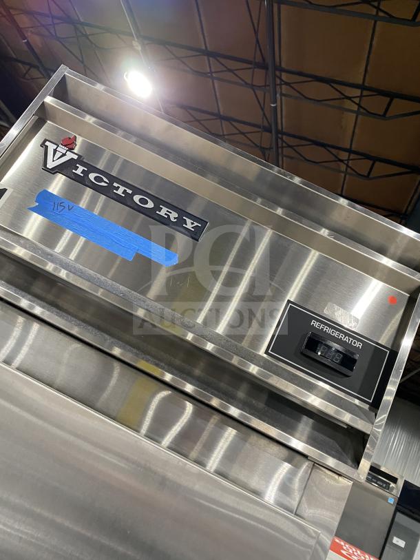 Victory RSA-1D-S7 commercial refrigerator, stainless steel, single door, 115V, digital display, model and serial labels visible.