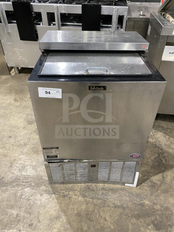 Perlick FR24 stainless steel refrigerated chiller/froster, 115V, 1 Phase, SN: 645970, used condition, auction label visible.