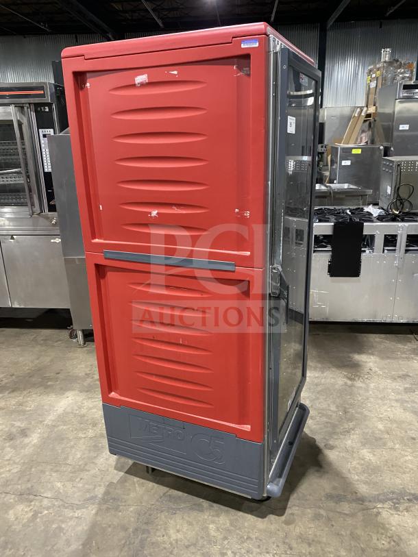 Metro C5-3 Series heated holding cabinet, model C539-HFC-4, with single glass door, red front. Features universal pan slide. 120V.