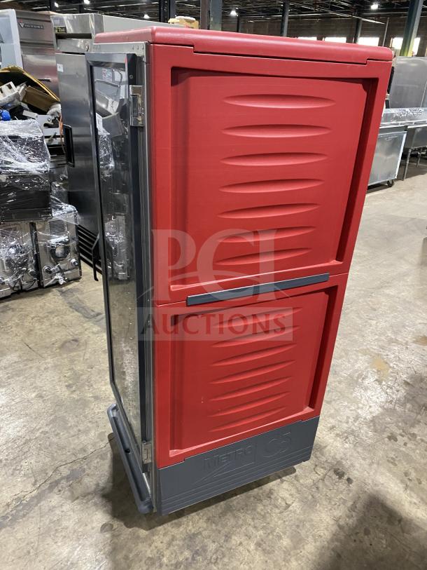 Metro C5-3 Series Heated Holding Cabinet, Model C539-HFC-4, 120V, single glass door, red panels, with universal pan slide.