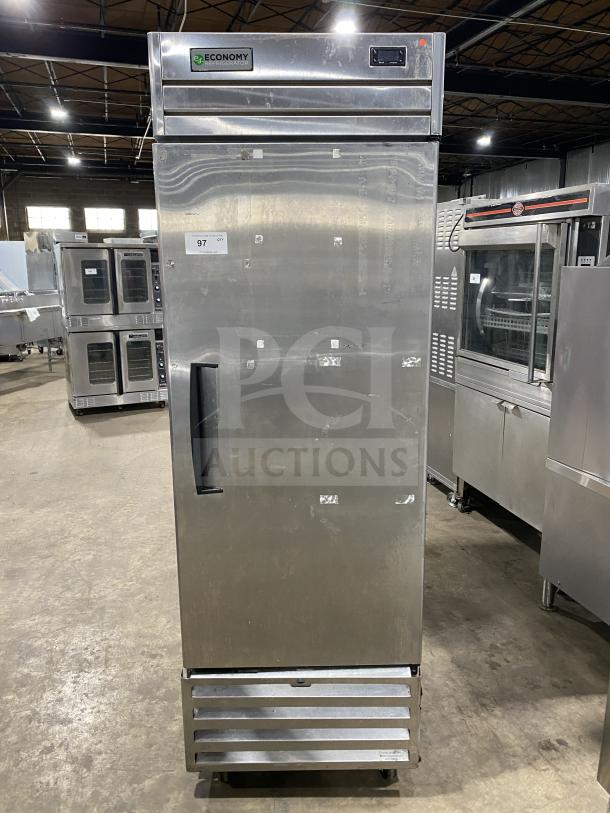 Economy ER1A-FS single-door stainless steel refrigerator, Energy Star certified, with poly coated rack, on casters.