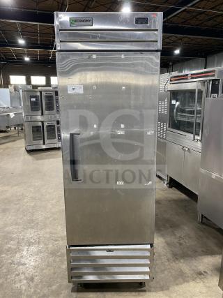 Economy ER1A-FS single-door stainless steel refrigerator, Energy Star certified, with poly coated rack, on casters.