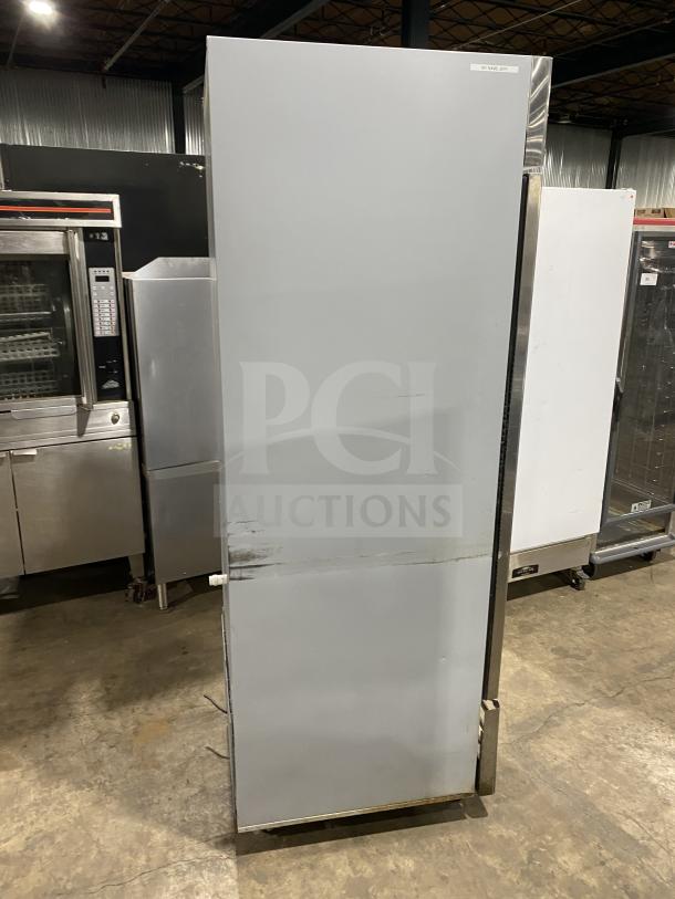 Economy single-door stainless steel refrigerator, Model ER1AFS, on casters, Energy Star certified, with poly coated wire rack.