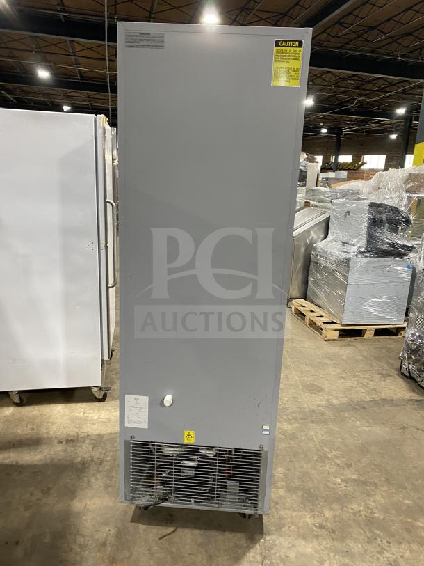 Economy ER1AFS Single-Door Stainless Steel Refrigerator on casters, Energy Star certified, with poly coated rack, SN: L01657H.