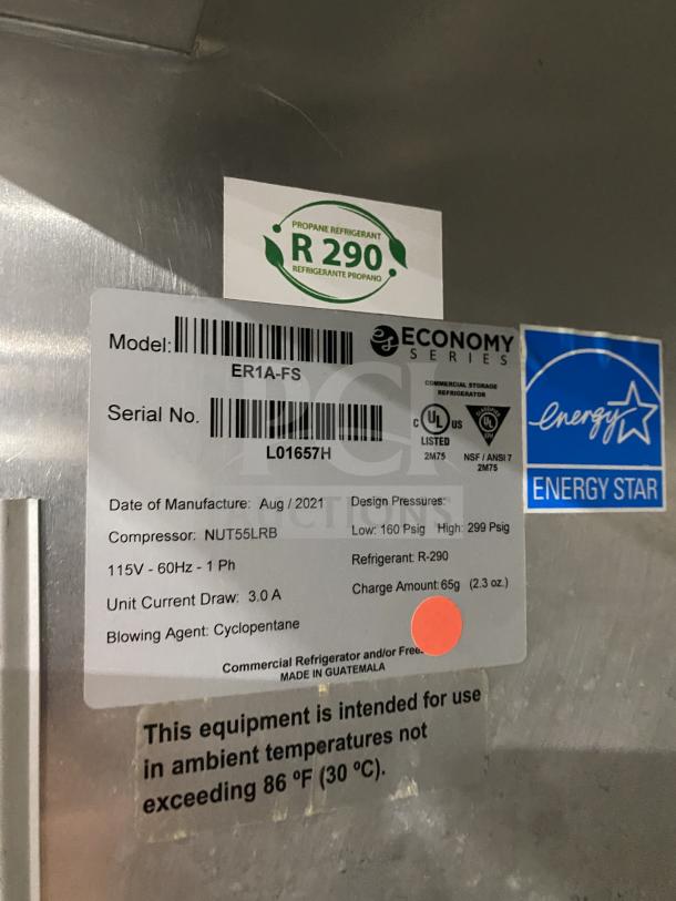 Economy ER1A-FS single-door reach-in refrigerator, Energy Star certified, stainless steel, R290 refrigerant, on casters, model ER1AFS.