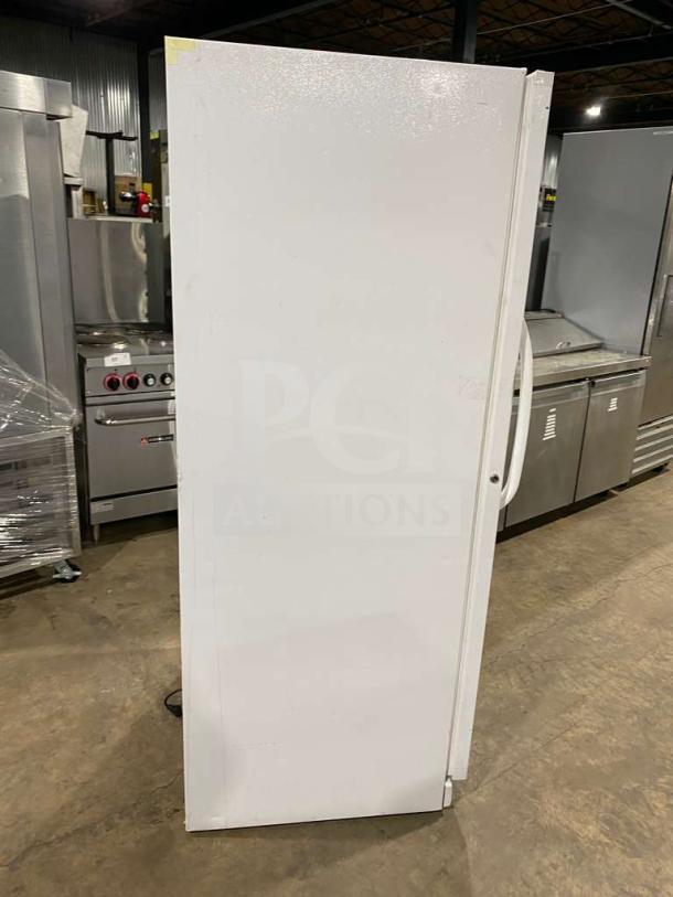 Frigidaire commercial reach-in freezer, model FFUH21F2NWA, Energy Star certified, white, single door, with poly-coated rack.