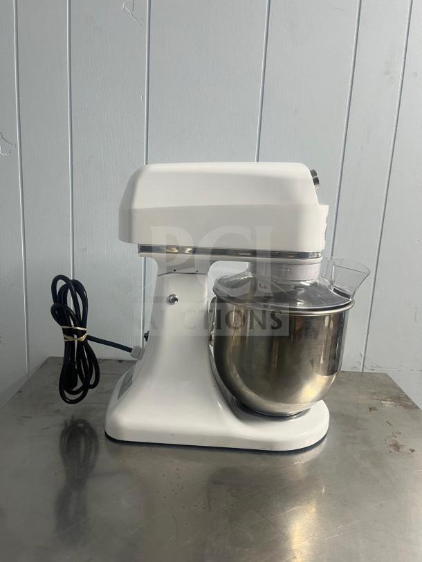 Primo PM-7 commercial planetary mixer, 7-quart, stainless steel bowl, white, new condition, includes power cord.