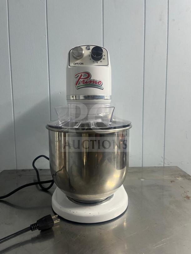 PRIMO PM-7 commercial planetary mixer, 7-quart, stainless steel bowl, visible branding, power dial, used condition.