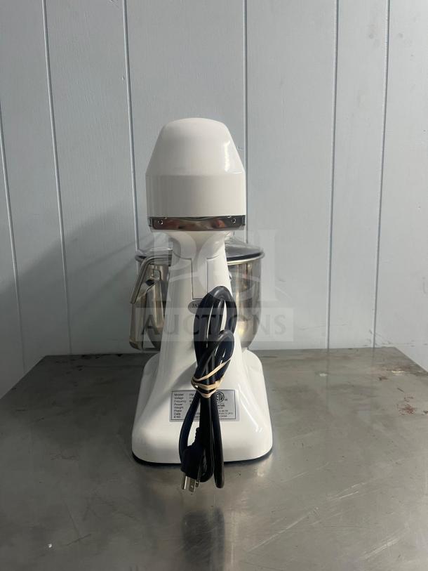 Primo PM-7 Commercial Planetary Mixer, 7 Quart, white finish, model PM7, with cord wrapped on base, label with specs visible.