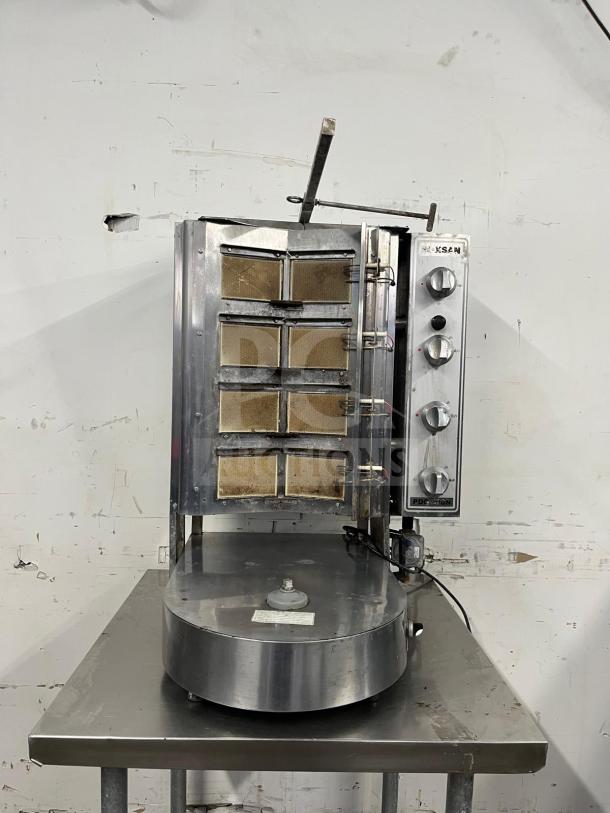 Inoksan PDG 400N kebab machine, natural gas/convertible, mesh shield, 132-165 lb capacity, stainless steel, used condition.