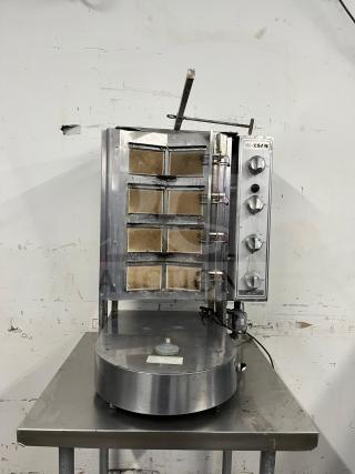 Inoksan PDG 400N kebab machine, natural gas/convertible, mesh shield, 132-165 lb capacity, stainless steel, used condition.