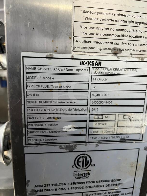 Inoksan PDG 400N Doner Kebab Machine, natural gas, 132-165 lb. capacity, model and specifications label visible.